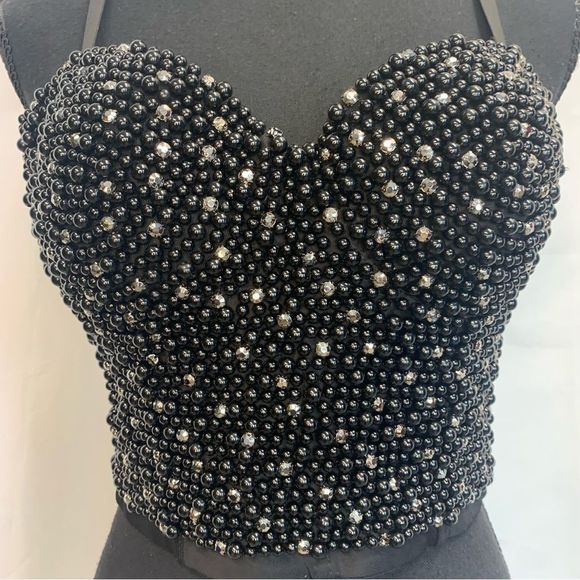 BLACK faux pearl chrome rhinestone embellished bustier corset crop top Sz L - Picture 2 of 11